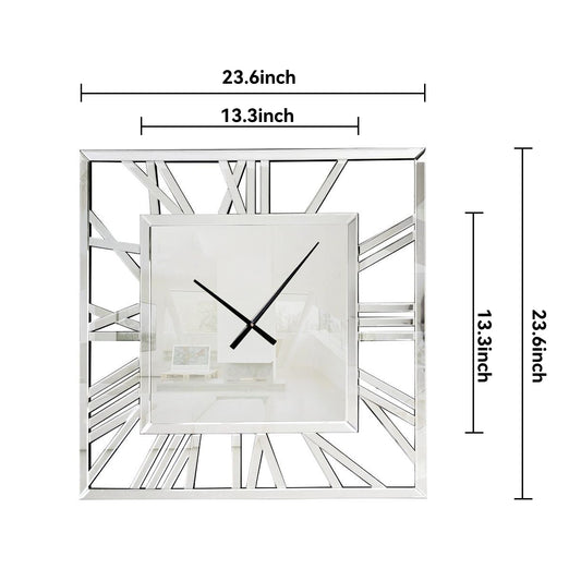 27" Silver Mirrored Glass Silent Analog Square Wall Clock