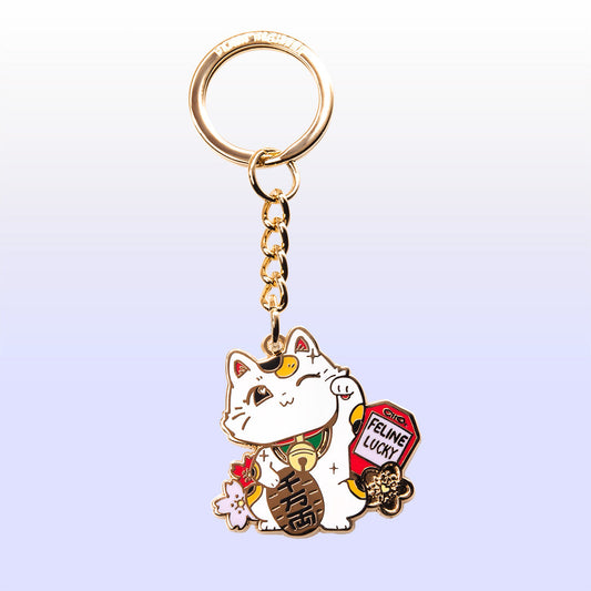 Lucky Cat (White) Maneki-Neko Enamel Keychain