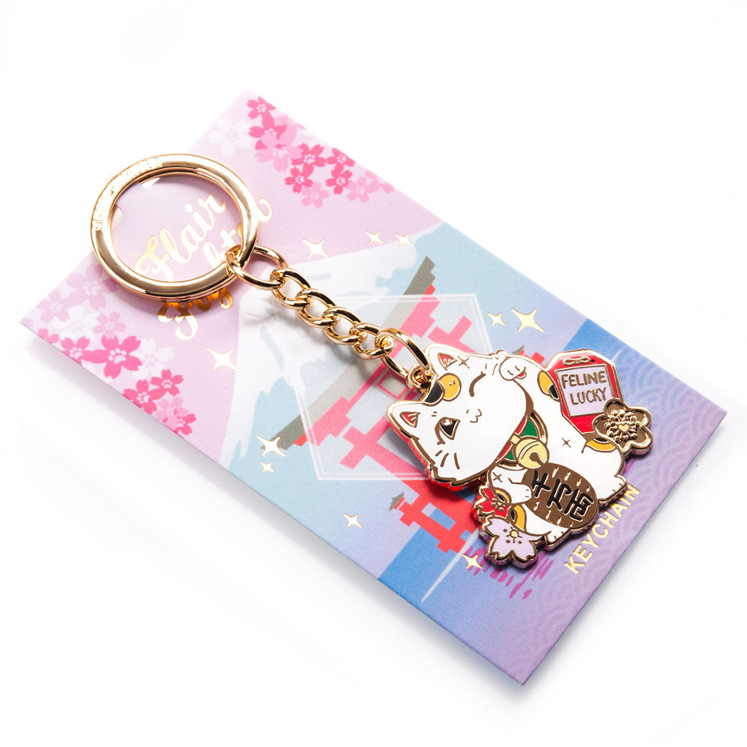 Lucky Cat (White) Maneki-Neko Enamel Keychain